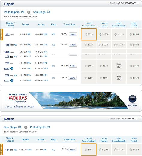 Search results on the US Airways Web site